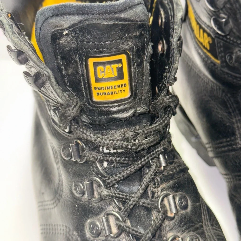 Caterpillar Steel Toe Work Boots Mens 9 Black Leather Lace Up Padded Collar