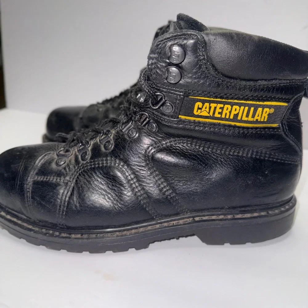 Caterpillar Steel Toe Work Boots Mens 9 Black Leather Lace Up Padded Collar