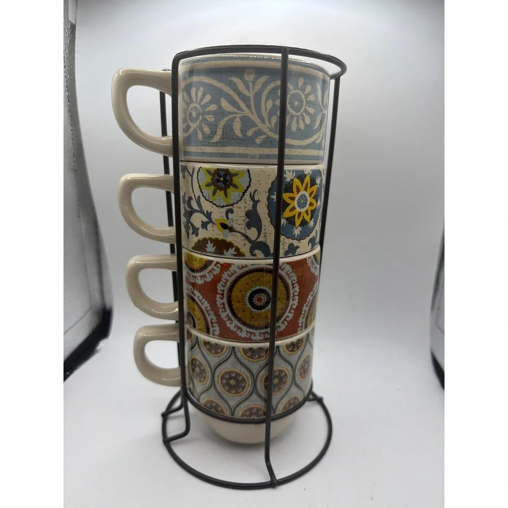 PIER 1 IMPORTS Mugs Stacking Ceramic SET of 4 with Metal Rack