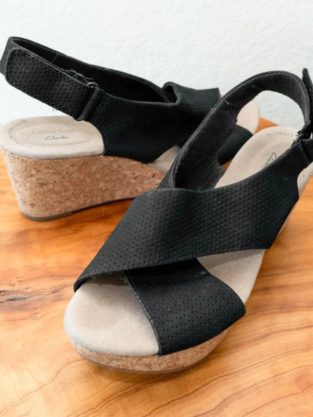 Clarks Annadel Parker Black Open Toe Cork Wedge Sandals Comfort Shoes Sz 9