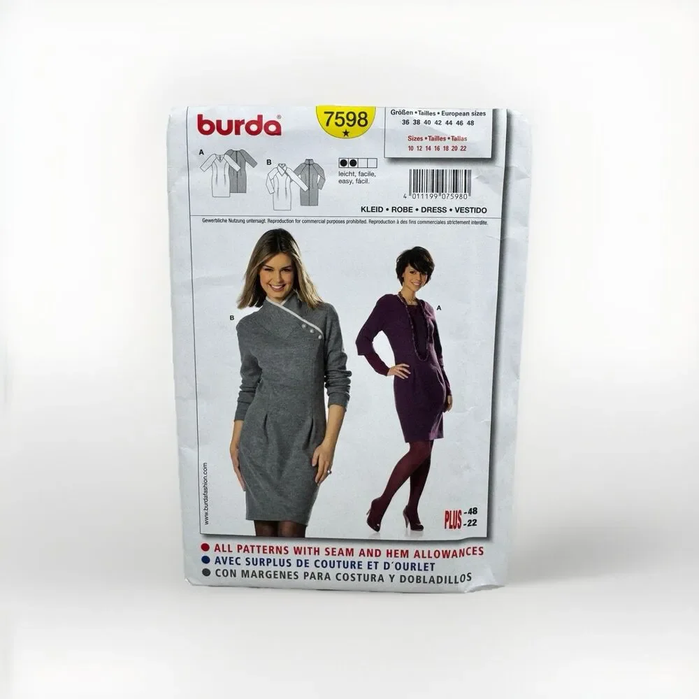 Burda Style Sewing Pattern 7598 Misses Dress Sizes 10 12 14 16 18 20 22