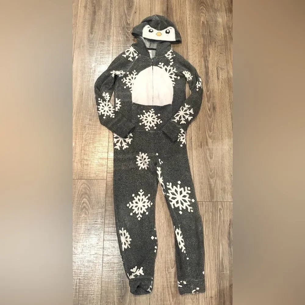 Girls Justice Onesie Size 8 Grey and White Snowflake One-Piece Pajama