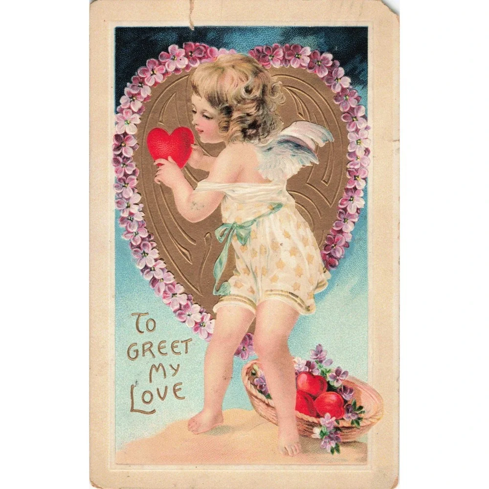 Antique 1908 Valentine Postcard Cherub Gold Embossed Heart Sheboygan WI Stamp