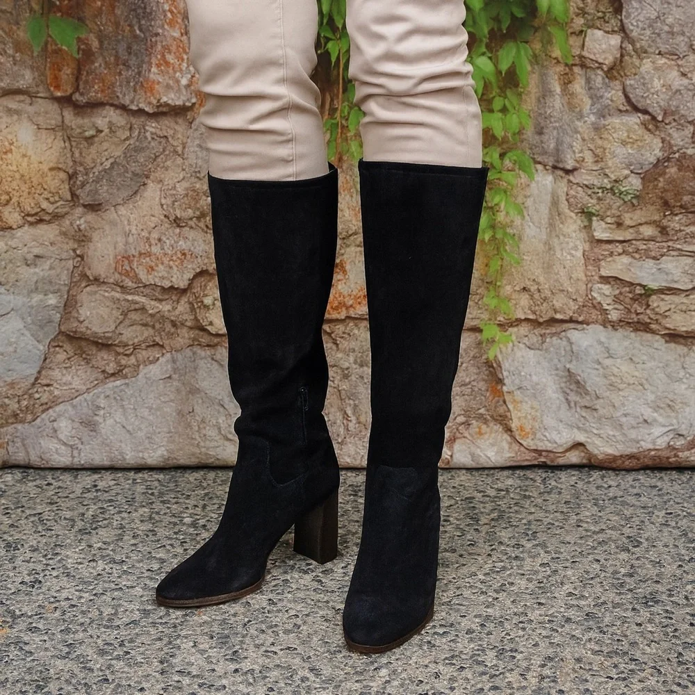 SAN MARINA Black Suede Quiet Luxury Block Heel Over the Knee Women's Boots, 38