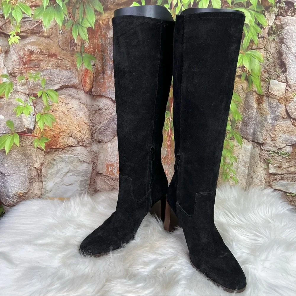 SAN MARINA Black Suede Quiet Luxury Block Heel Over the Knee Women's Boots, 38