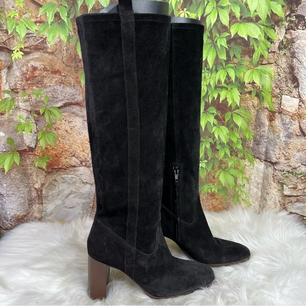 SAN MARINA Black Suede Quiet Luxury Block Heel Over the Knee Women's Boots, 38