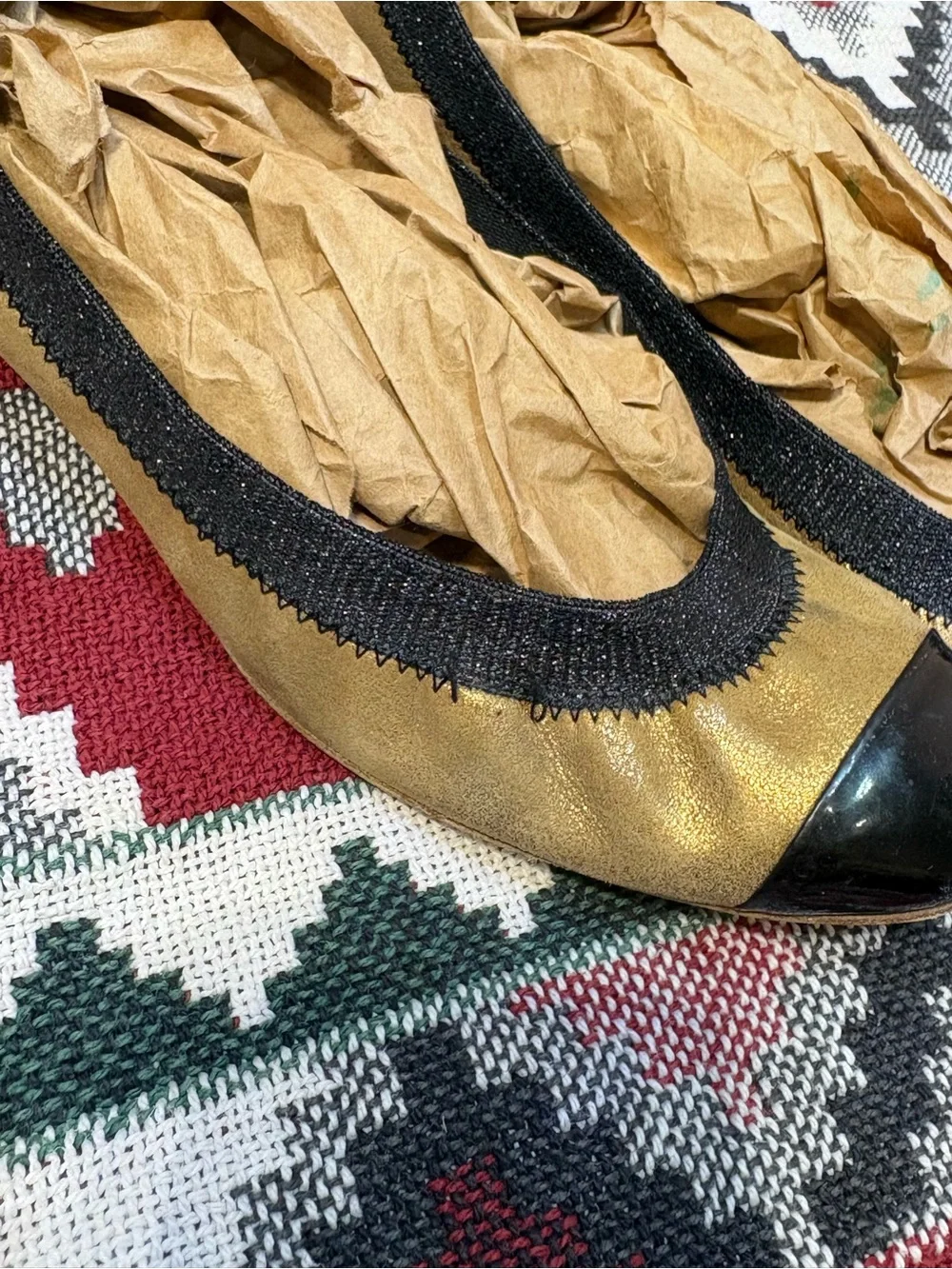 Chanel Gold and Black Cap-Toe Ballet Flats