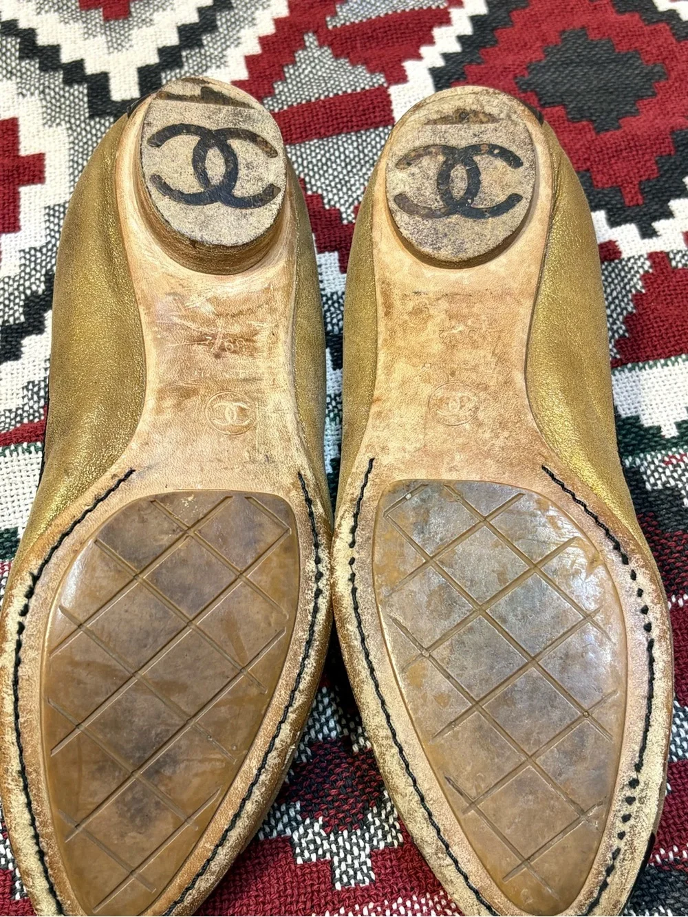 Chanel Gold and Black Cap-Toe Ballet Flats