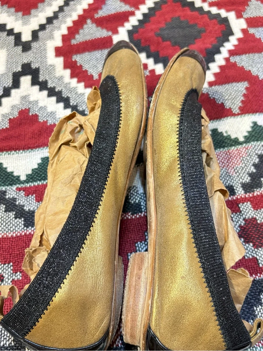 Chanel Gold and Black Cap-Toe Ballet Flats