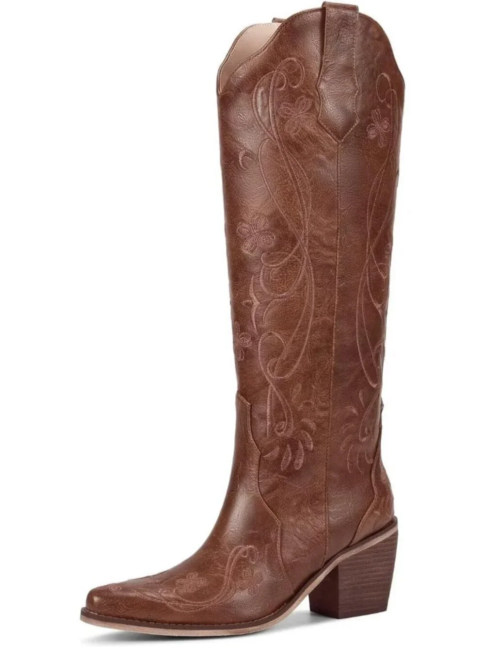 Women's Brown Floral Knee High Cowgirl Boots Embroidered Pointed Toe Chunky Heel