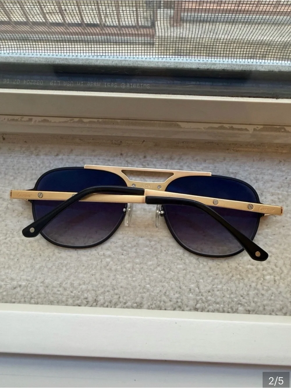 Cartier Men's Black and Gold Pilot Sunglasses with Brown Gradient Lenses