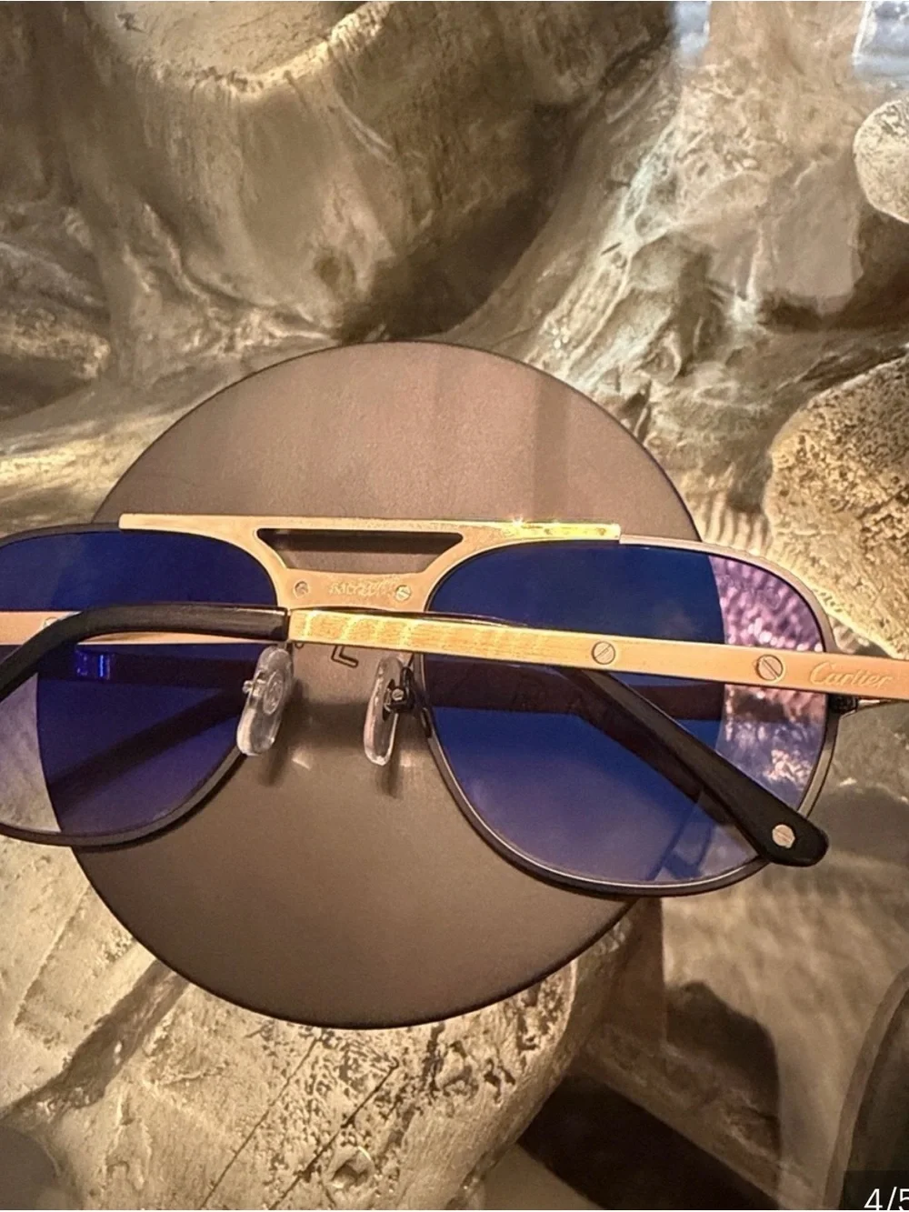 Cartier Men's Black and Gold Pilot Sunglasses with Brown Gradient Lenses