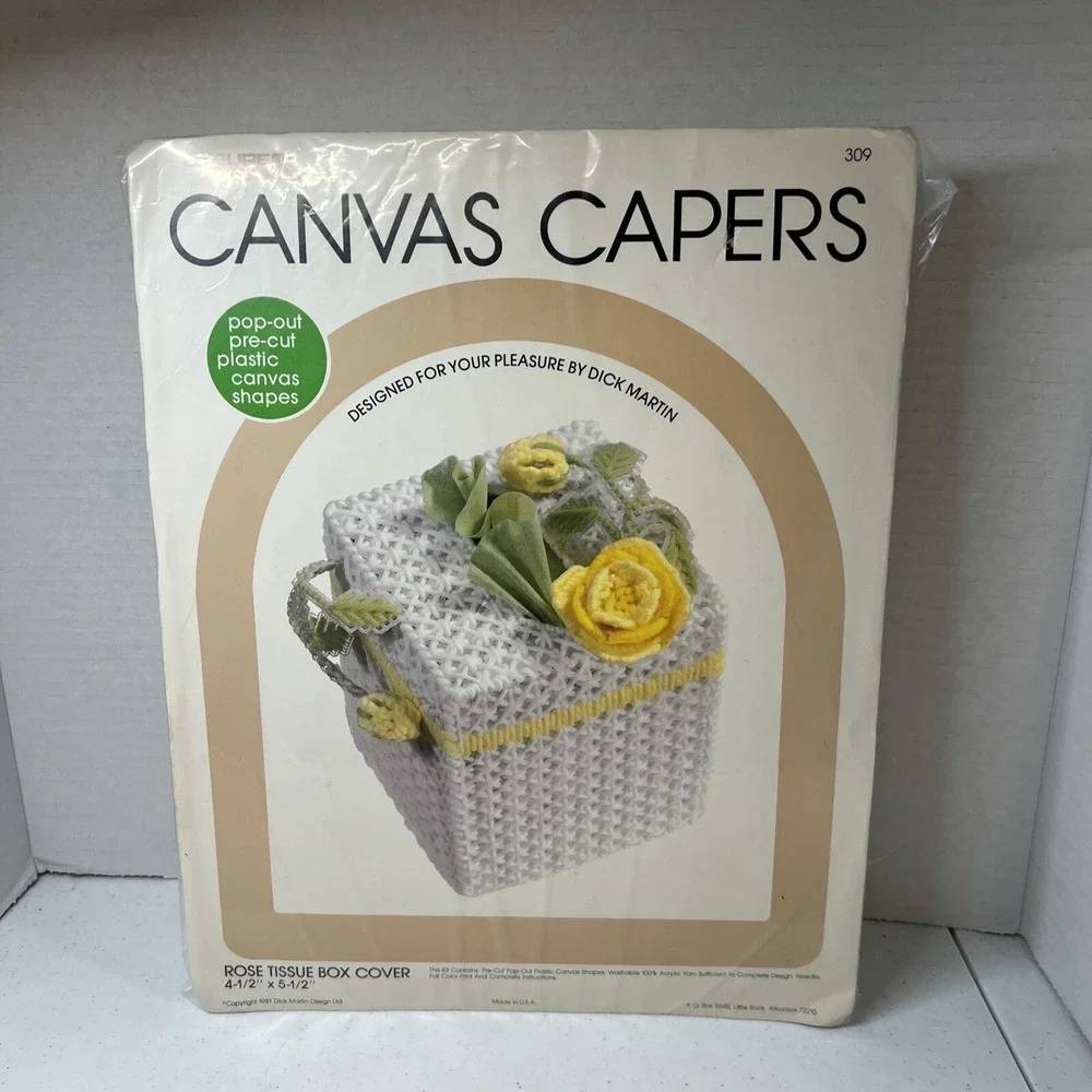 Vtg Leisure Arts Canvas Capers Plastic Canvas Kit Rose Tissue Box Cover #309