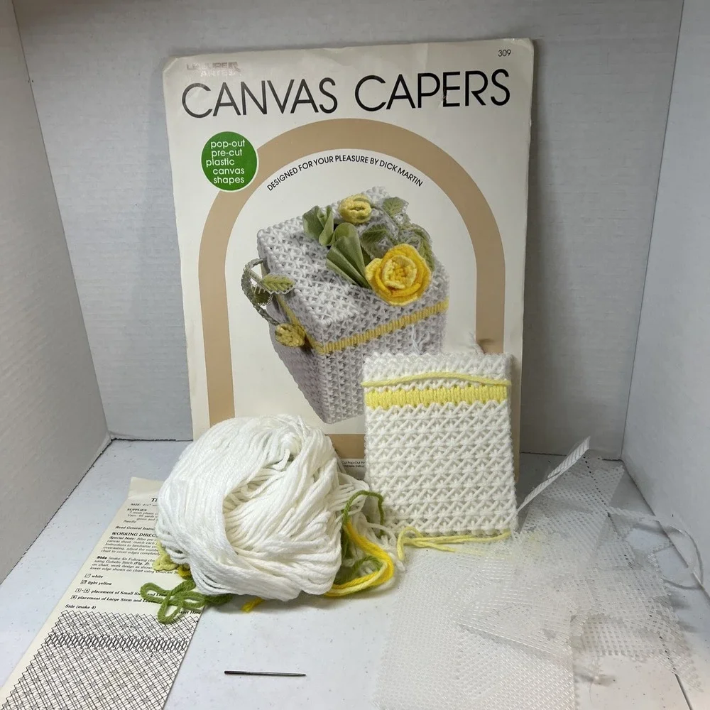 Vtg Leisure Arts Canvas Capers Plastic Canvas Kit Rose Tissue Box Cover #309