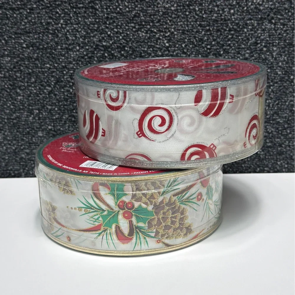 Lot of 2 Christmas Wired Ribbon 110 Yards Total 2.5