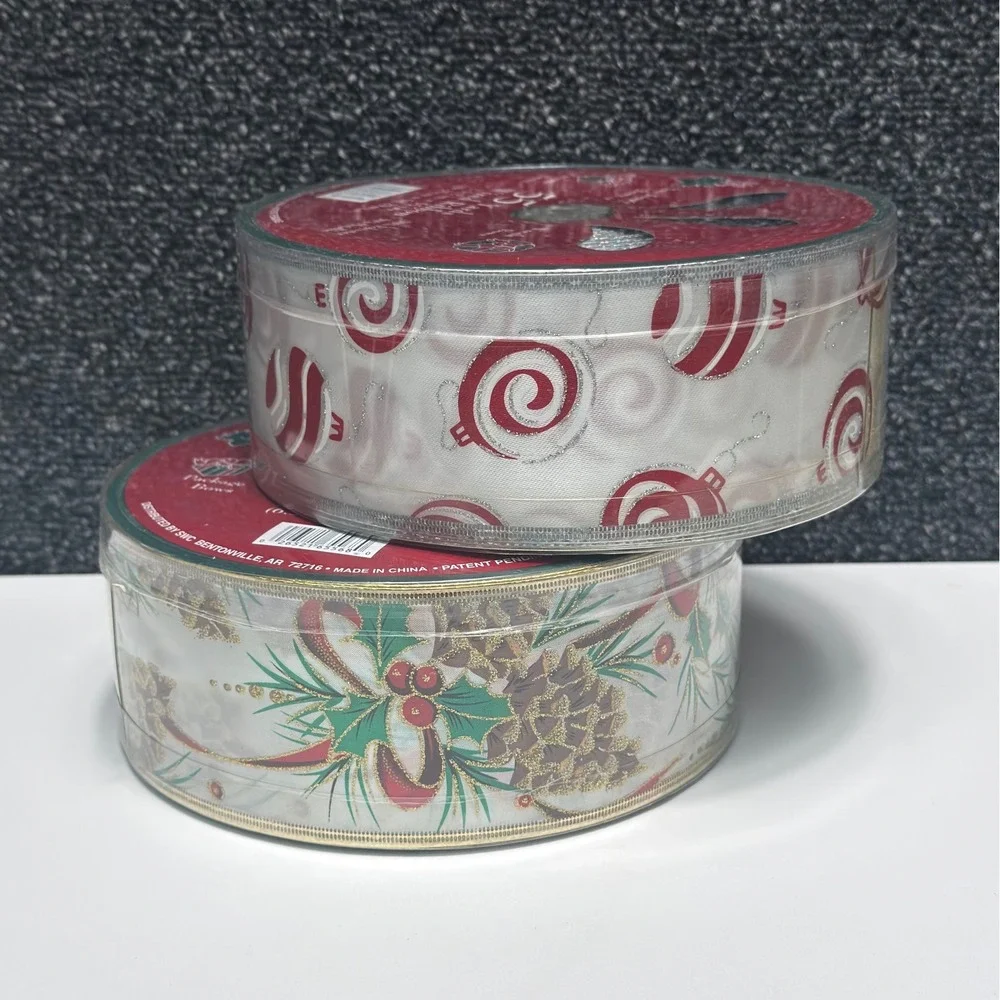 Lot of 2 Christmas Wired Ribbon 110 Yards Total 2.5