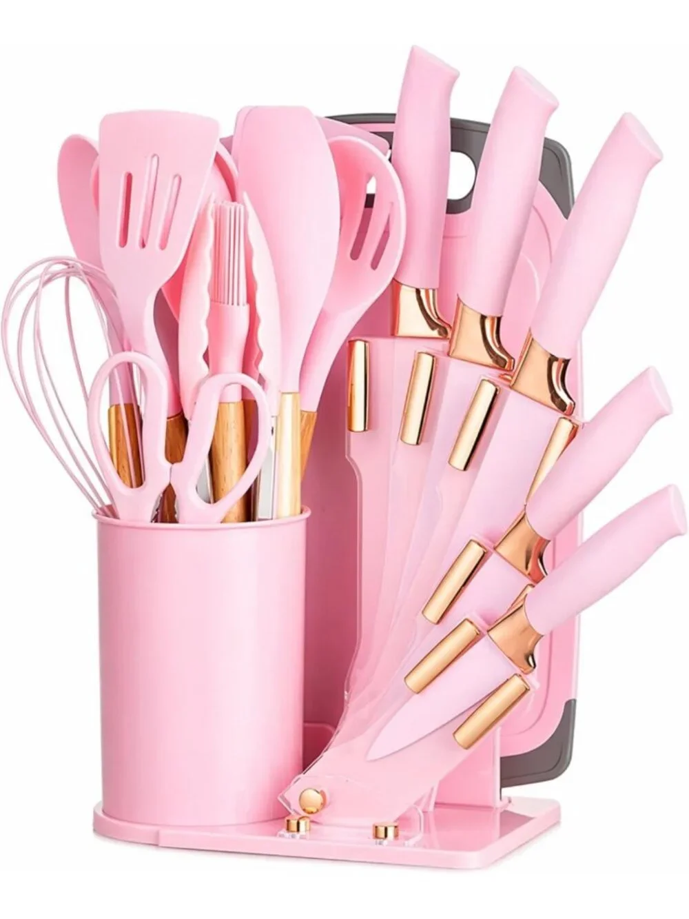19-Piece Pink Kitchen Utensils Set - Silicone Tools, Wooden Handles, BPA-Free