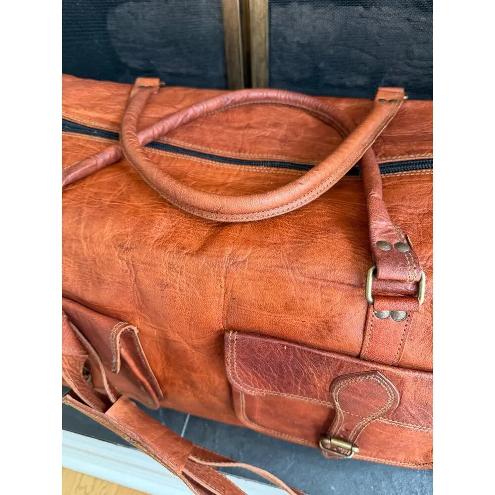 Komal’s Passion Leather Large Weekender Duffel Bag Brown Carry-On Travel Bag