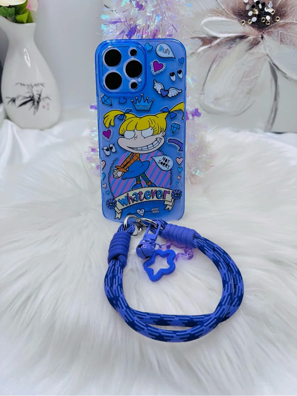 Y2K Angelica “Whatever” Cartoon iPhone 16 Pro Max Case with Wrist Strap