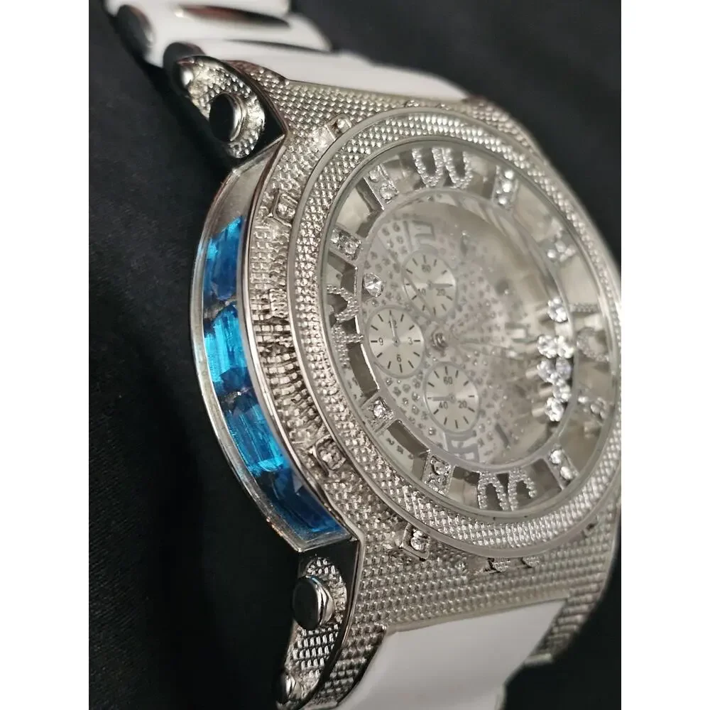 53.1mm LARGE Quartz Analog Watch Metal Tone with white Silicone bullet band