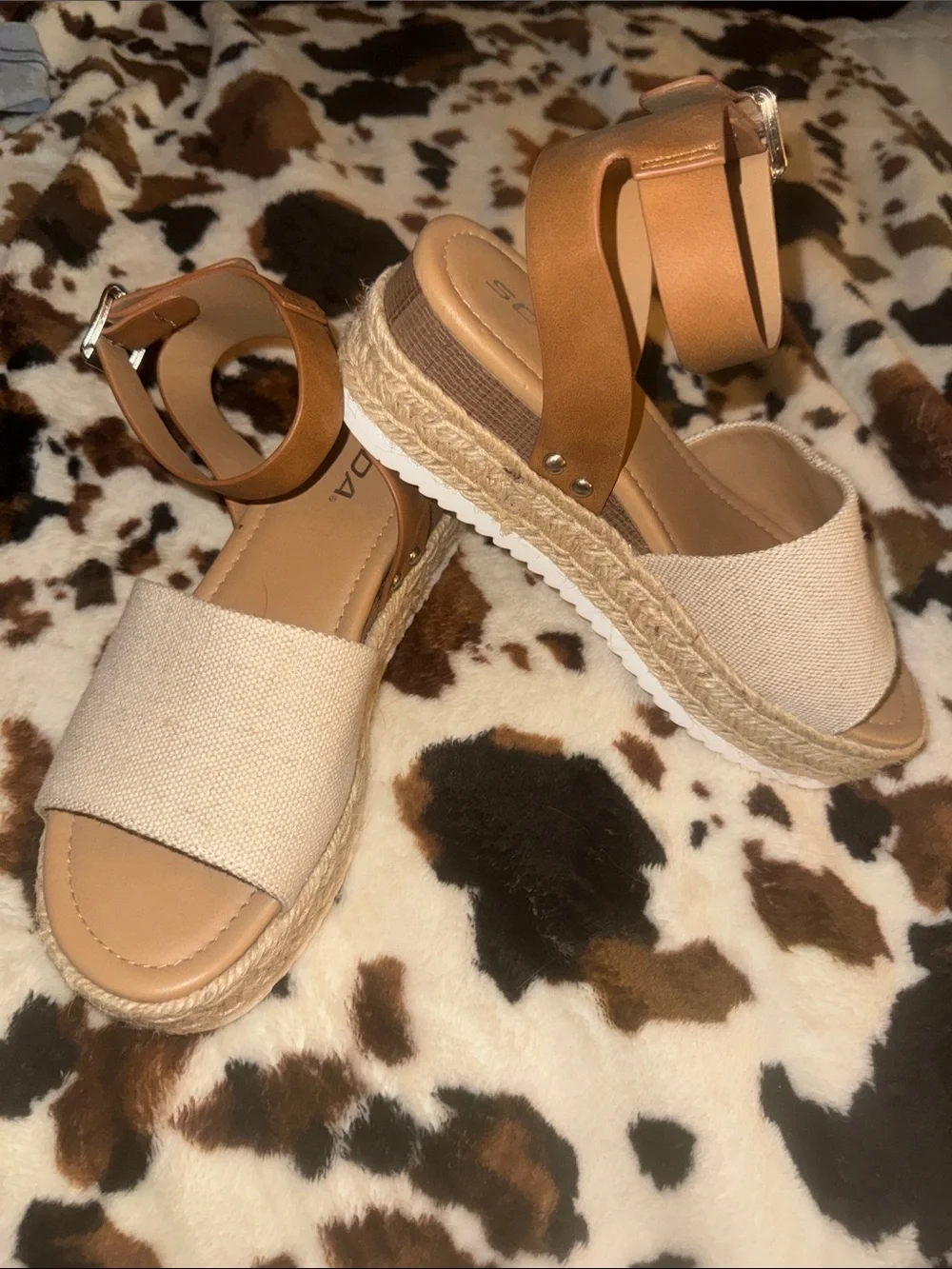 Soda Beige Canvas Espadrille Platform Sandals with Tan Ankle Strap