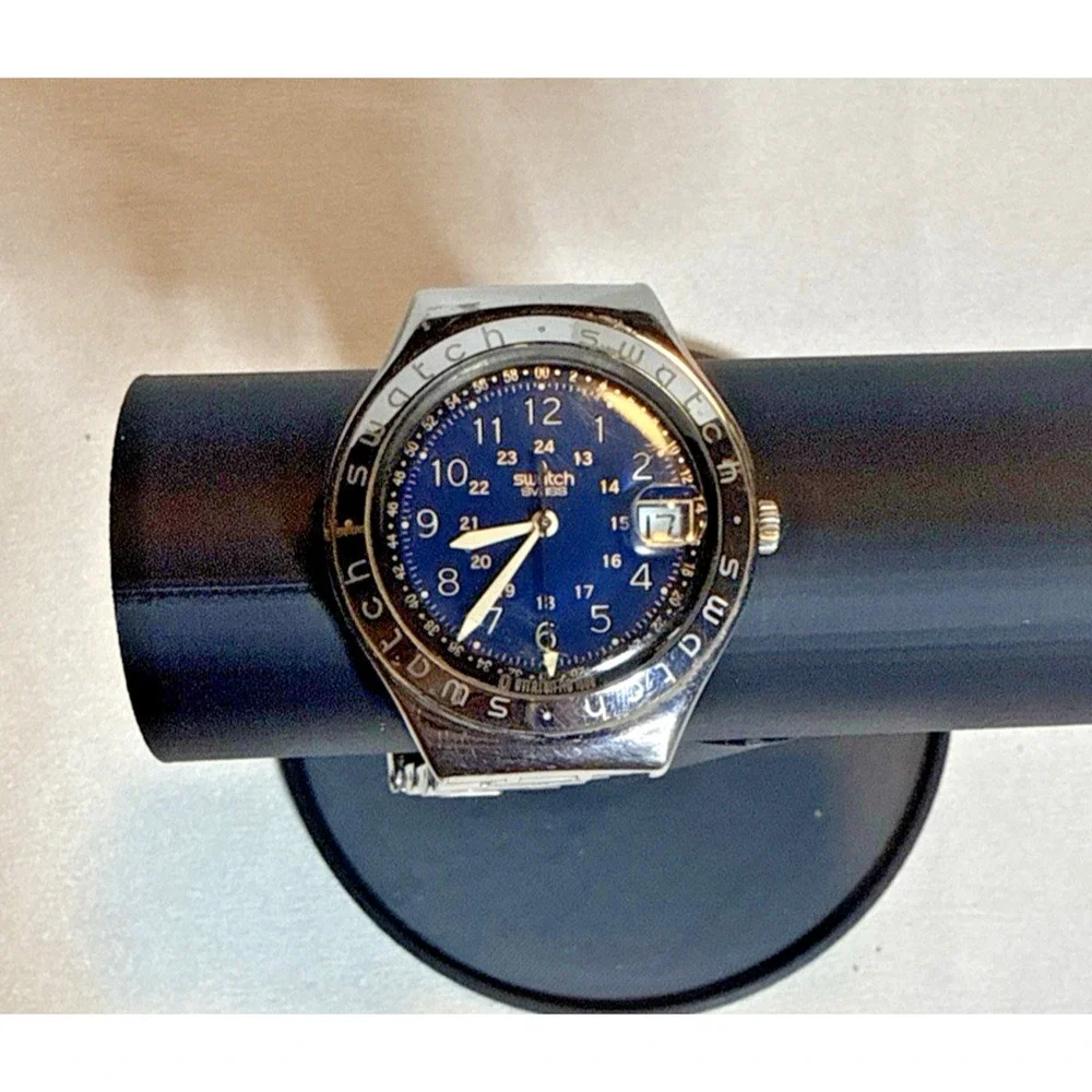Vintage Swatch Irony AG1993 Blue Dial Date Swiss Stainless Steel Watch Runs