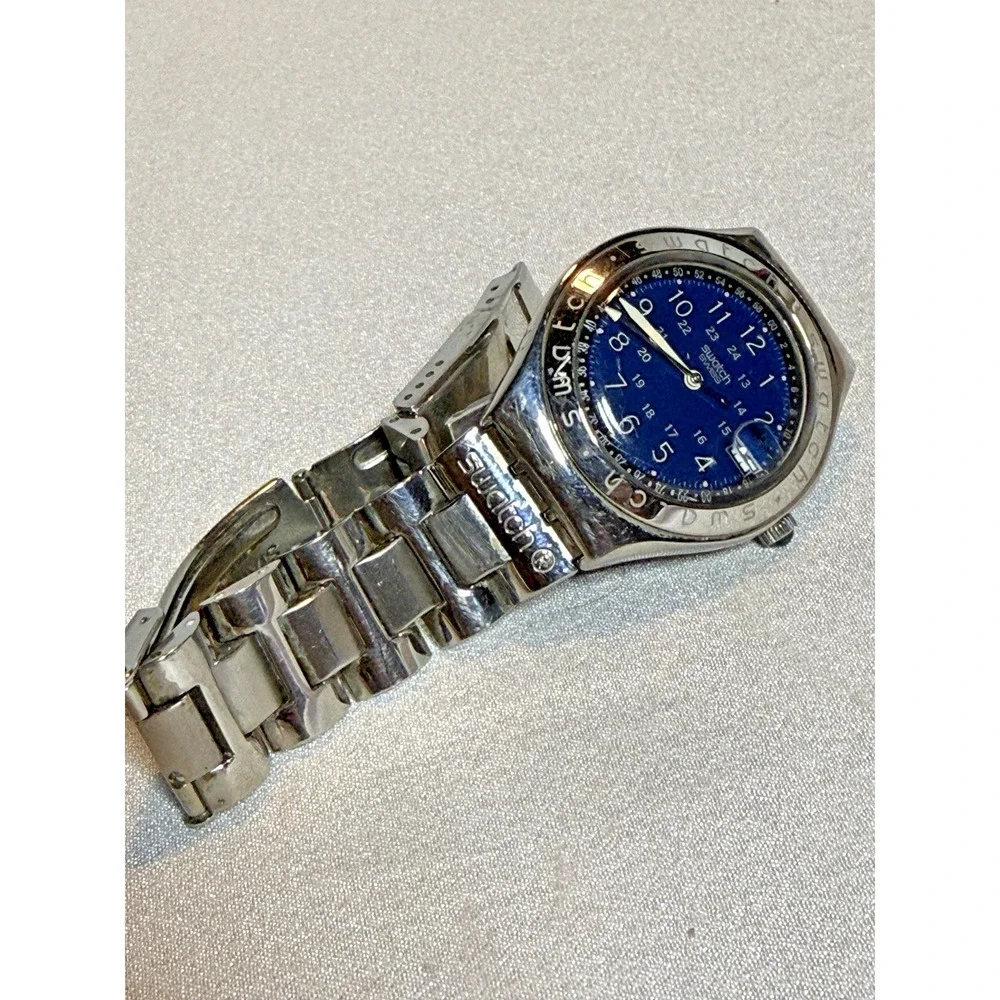 Vintage Swatch Irony AG1993 Blue Dial Date Swiss Stainless Steel Watch Runs