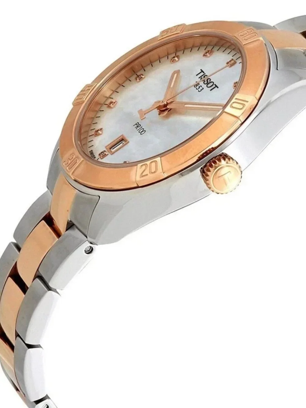 Tissot PR100 Diamond 36mm Two Tone MOP Dial Womens Watch Swiss Quartz