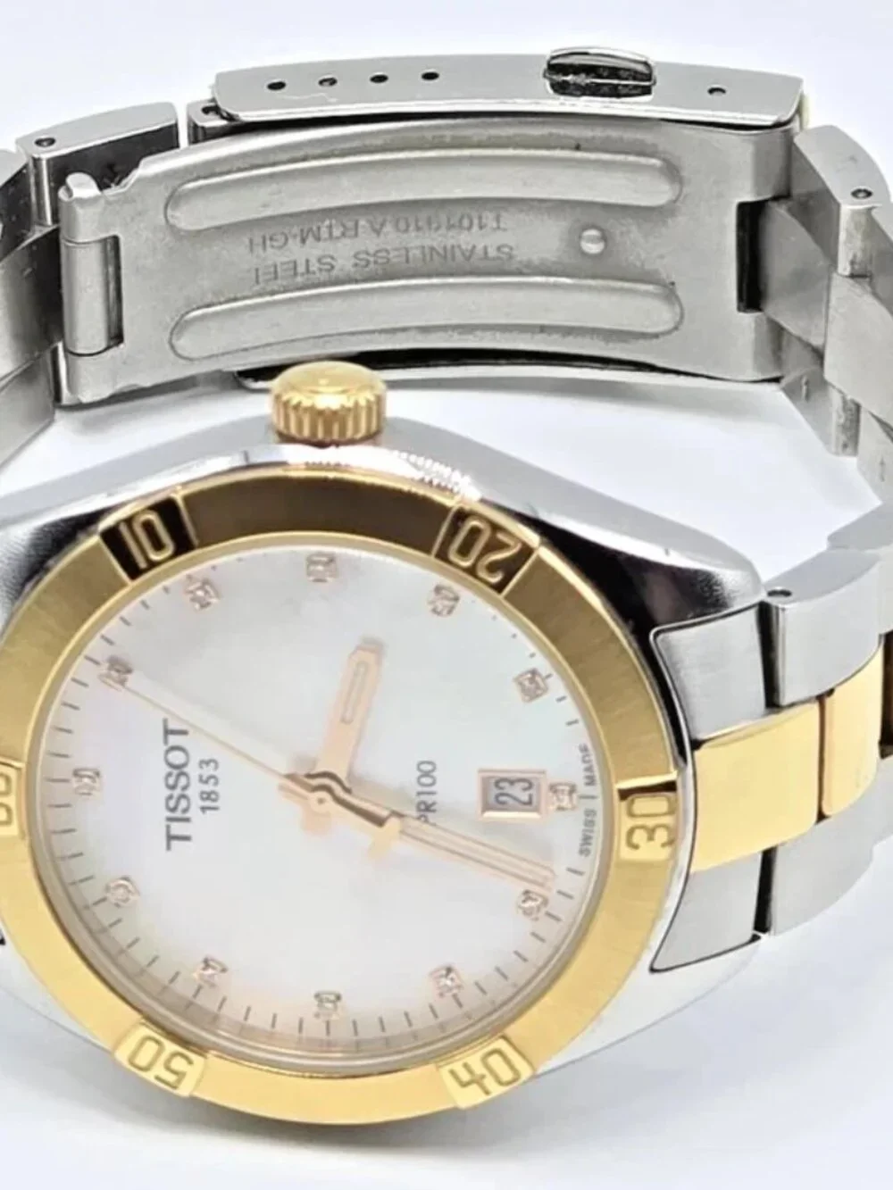 Tissot PR100 Diamond 36mm Two Tone MOP Dial Womens Watch Swiss Quartz