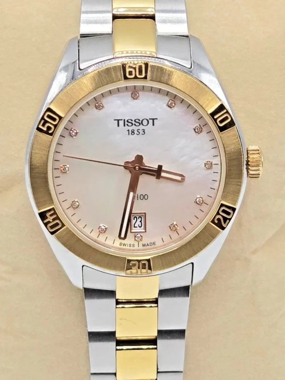 Tissot PR100 Diamond 36mm Two Tone MOP Dial Womens Watch Swiss Quartz