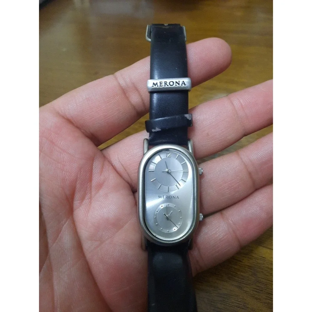 VTG‎ Merona Quartz Watch Unisex Silver Curved Rectangle Dual Movements