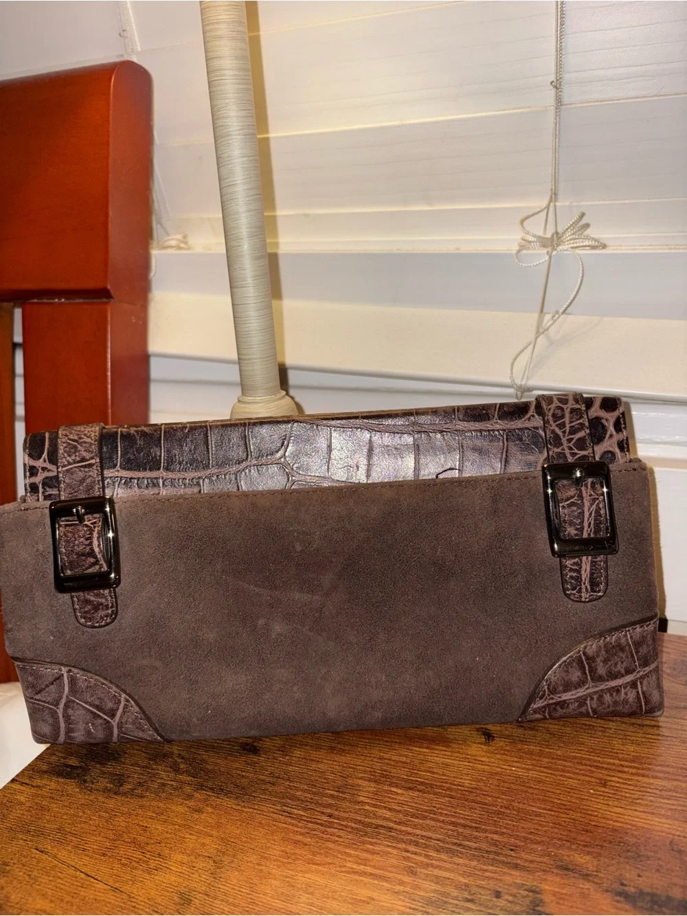 Via Spiga Dark Brown Suede & Croc-Embossed Leather Briefcase