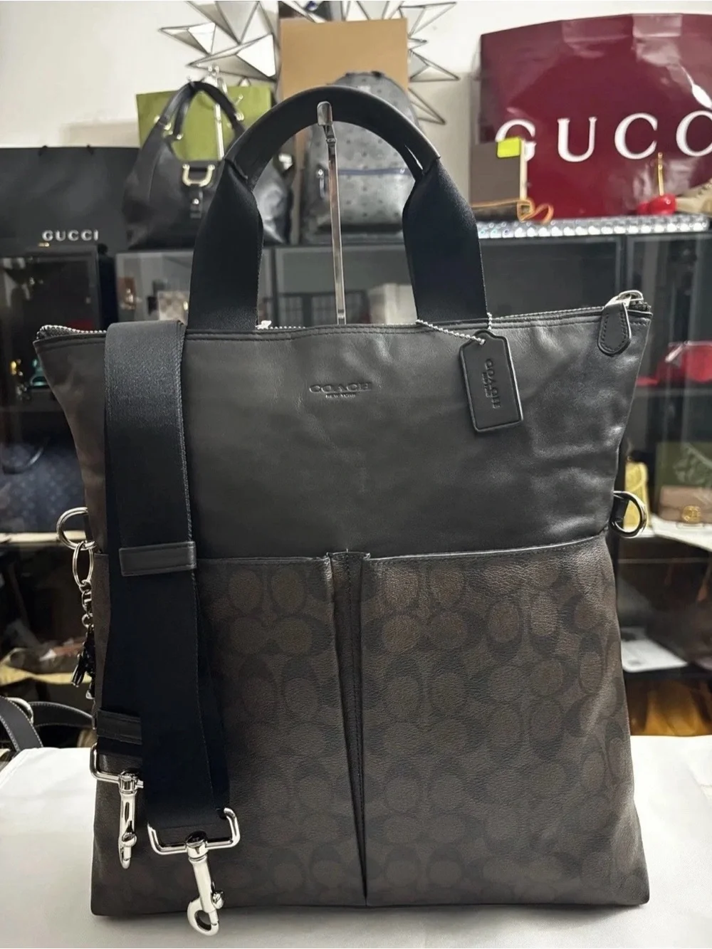 Coach Unisex Charles Chocolate Brown Signature C Fold Over Classic Work Bag.