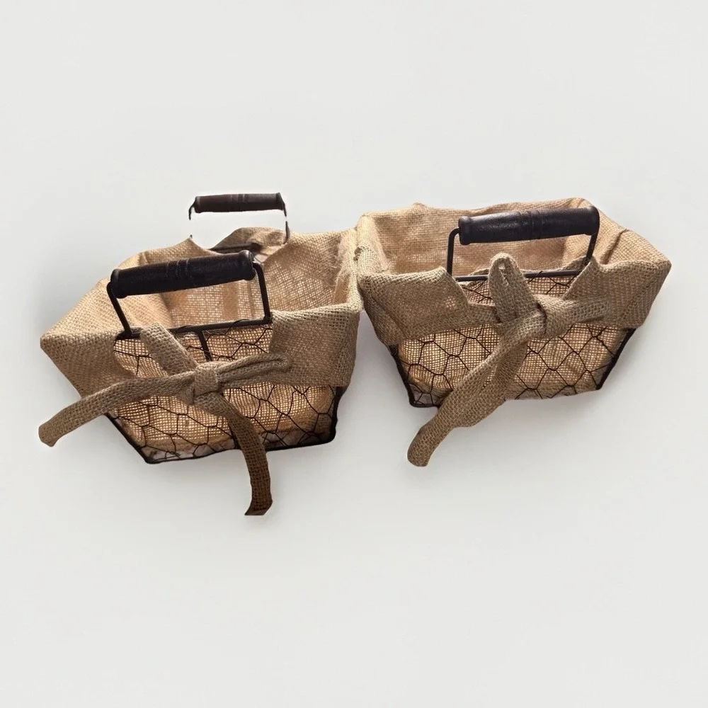 Rustic Wire Storage Baskets, Burlap Fabric Lined, Wood Handles, Set of 2