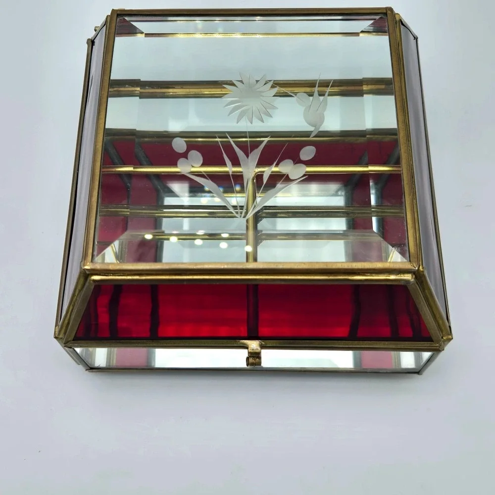 Vtg Glass & Brass Domed Jewelry Box Red Clear Casket Mirrored Bottom Beveled Top