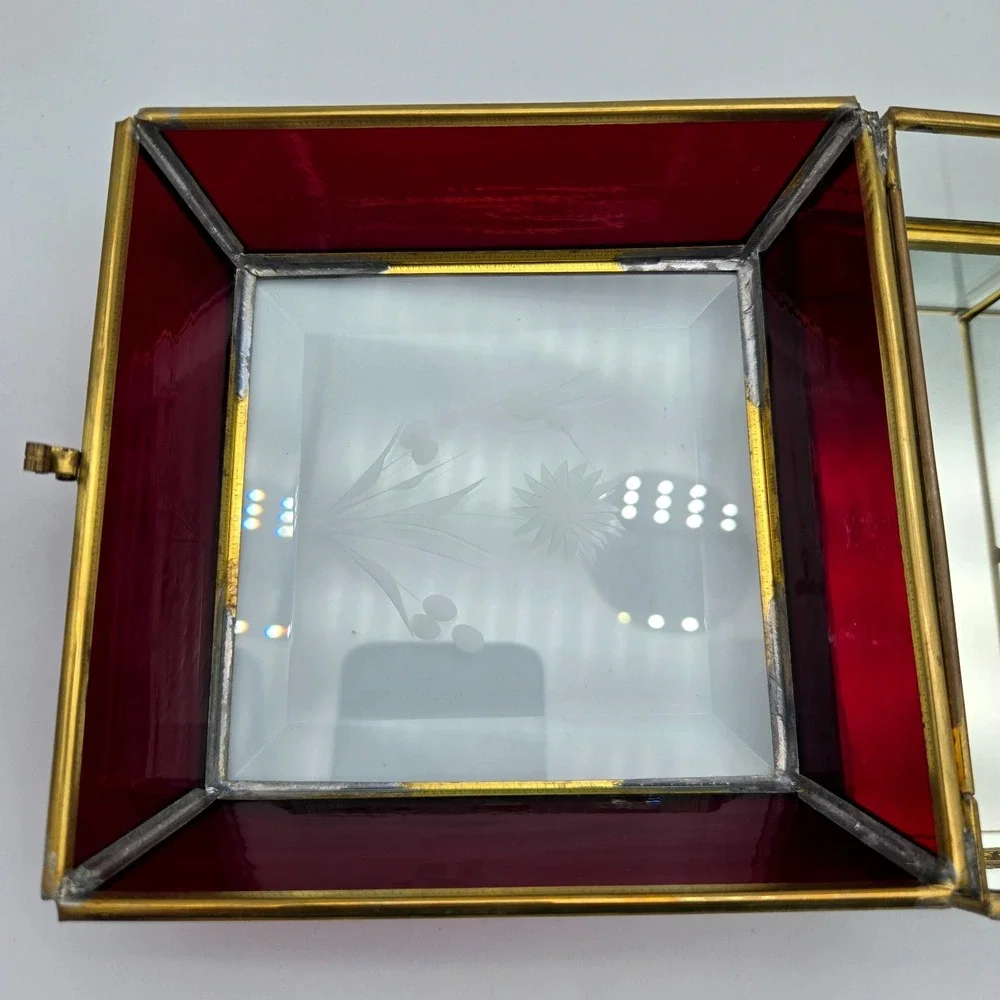 Vtg Glass & Brass Domed Jewelry Box Red Clear Casket Mirrored Bottom Beveled Top