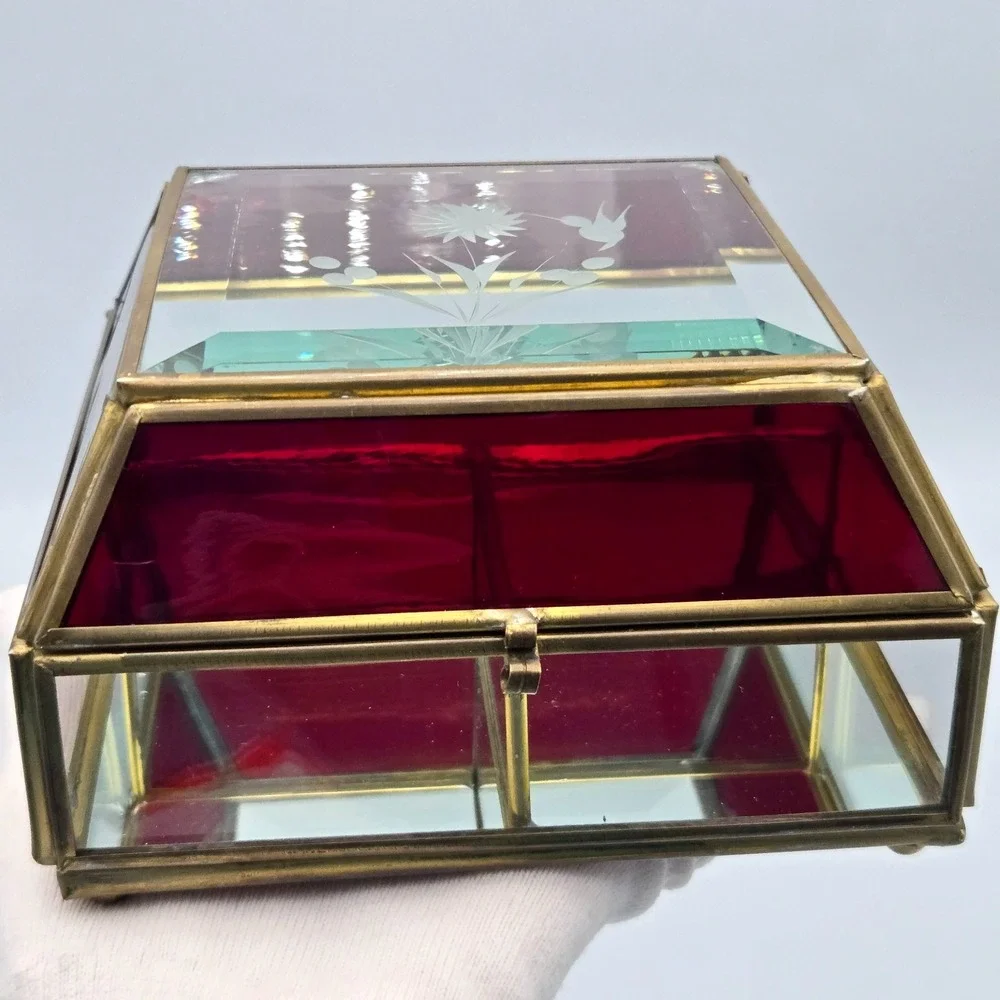 Vtg Glass & Brass Domed Jewelry Box Red Clear Casket Mirrored Bottom Beveled Top