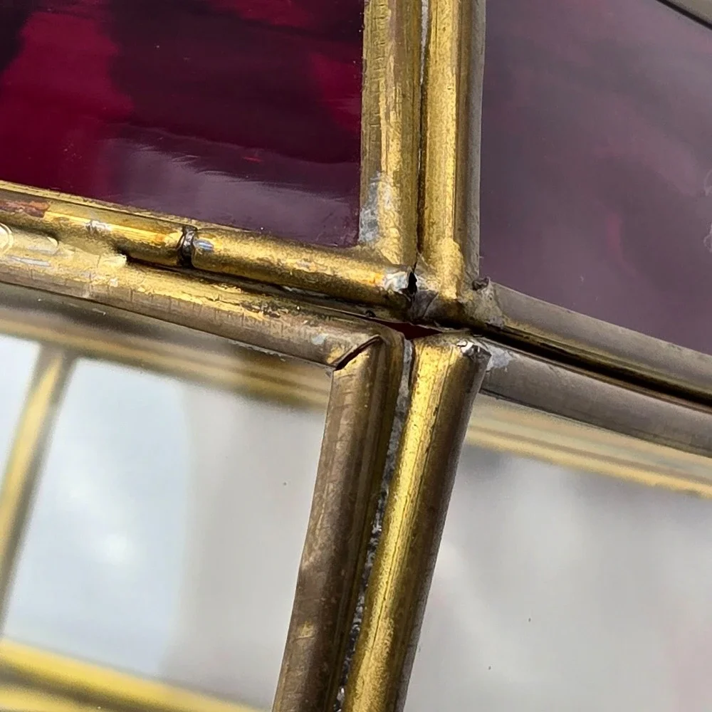 Vtg Glass & Brass Domed Jewelry Box Red Clear Casket Mirrored Bottom Beveled Top