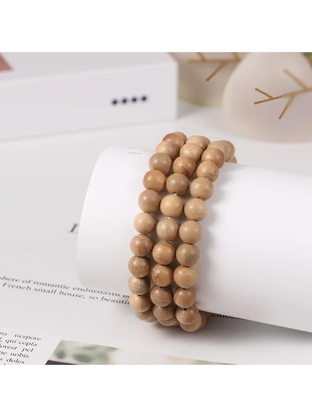 Women's Khaki Boho Wood Bead Wreath Dial Floral Quartz Elastic Band Casual Watch