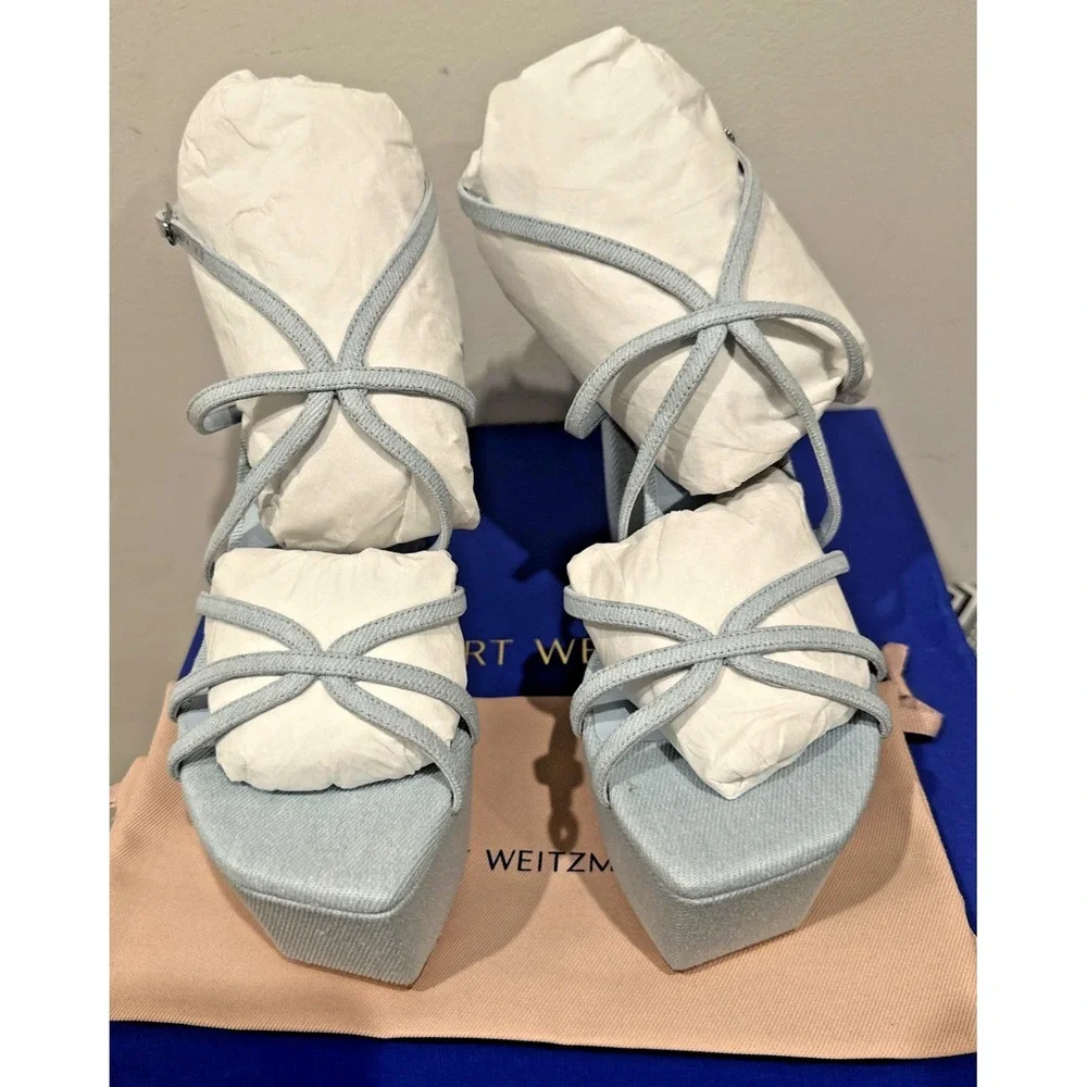 Stuart Weitzman EU 39/8.5B Barely There Sq Hi Platform‎ Sandals Vint Light Denim