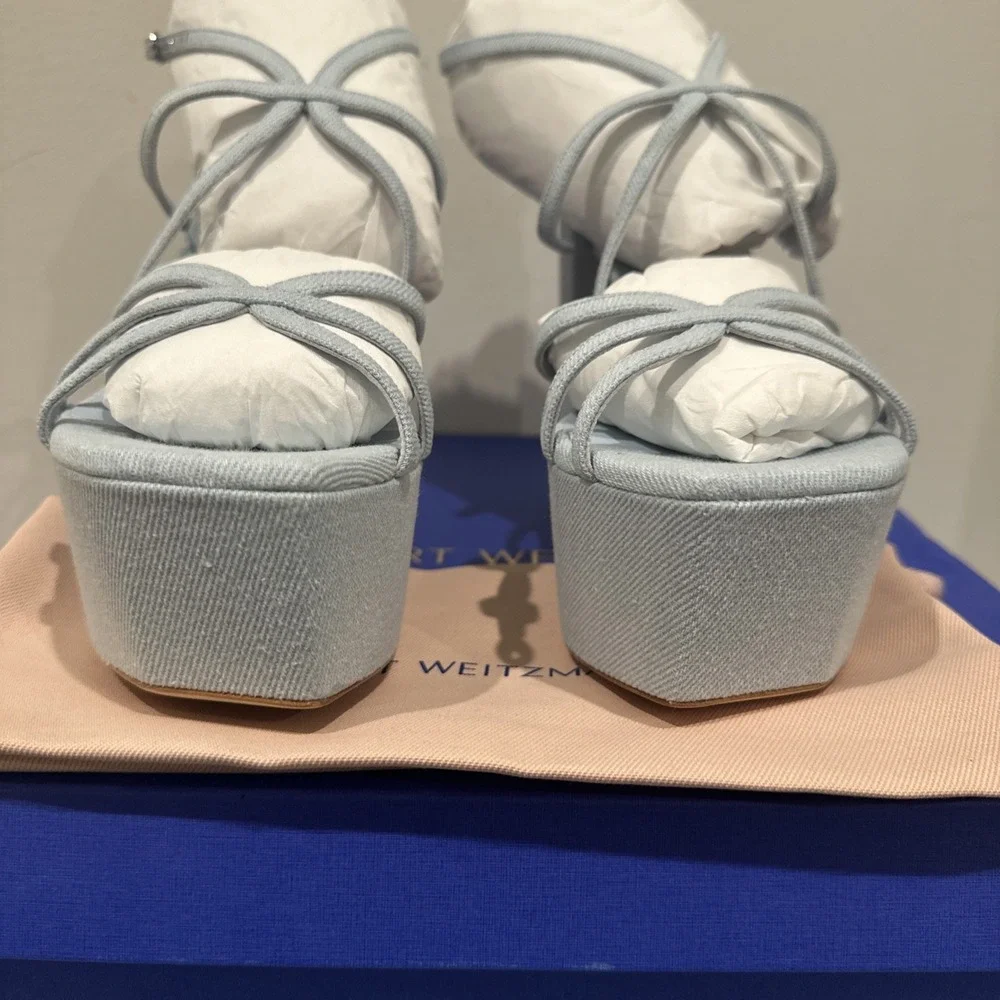 Stuart Weitzman EU 39/8.5B Barely There Sq Hi Platform‎ Sandals Vint Light Denim