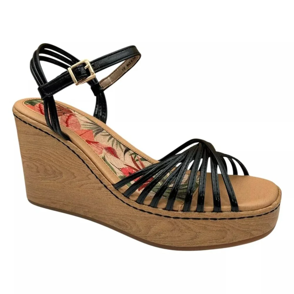BOC Catalina Women's Platform Wedge Sandal Size 7 Black/Tan Glossy Straps‎ Twist