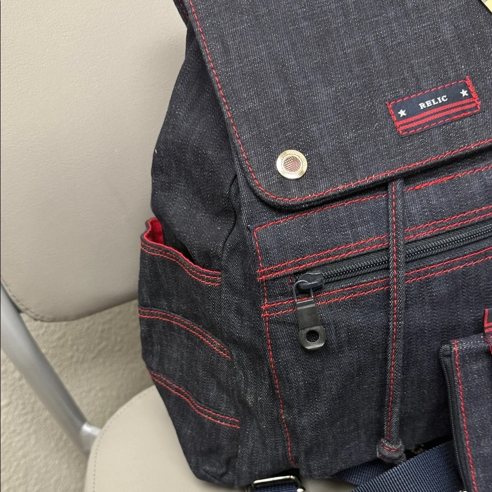 Vintage Relic Denim Backpack with Red Stitching and Matching Pouch