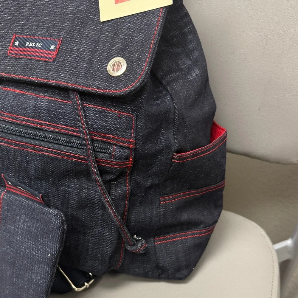 Vintage Relic Denim Backpack with Red Stitching and Matching Pouch