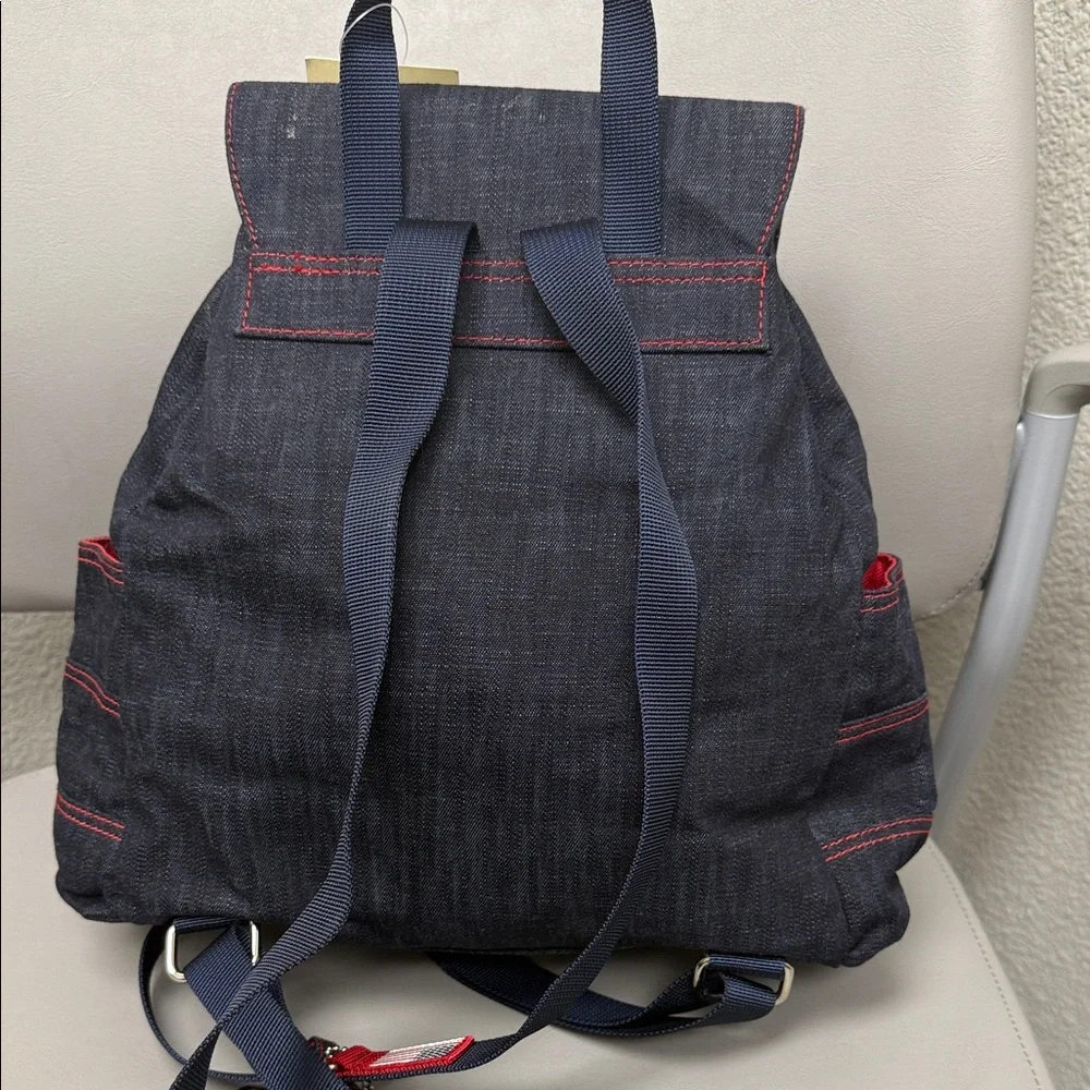 Vintage Relic Denim Backpack with Red Stitching and Matching Pouch