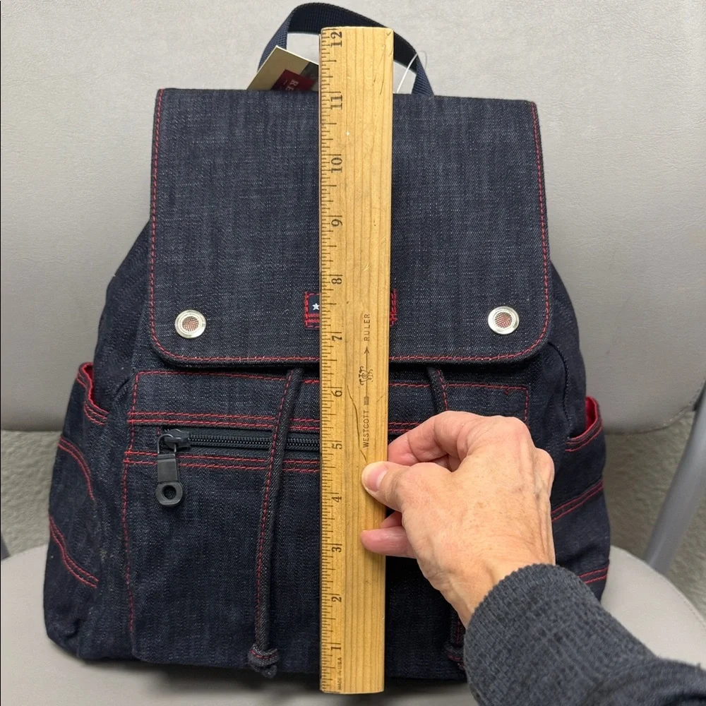 Vintage Relic Denim Backpack with Red Stitching and Matching Pouch