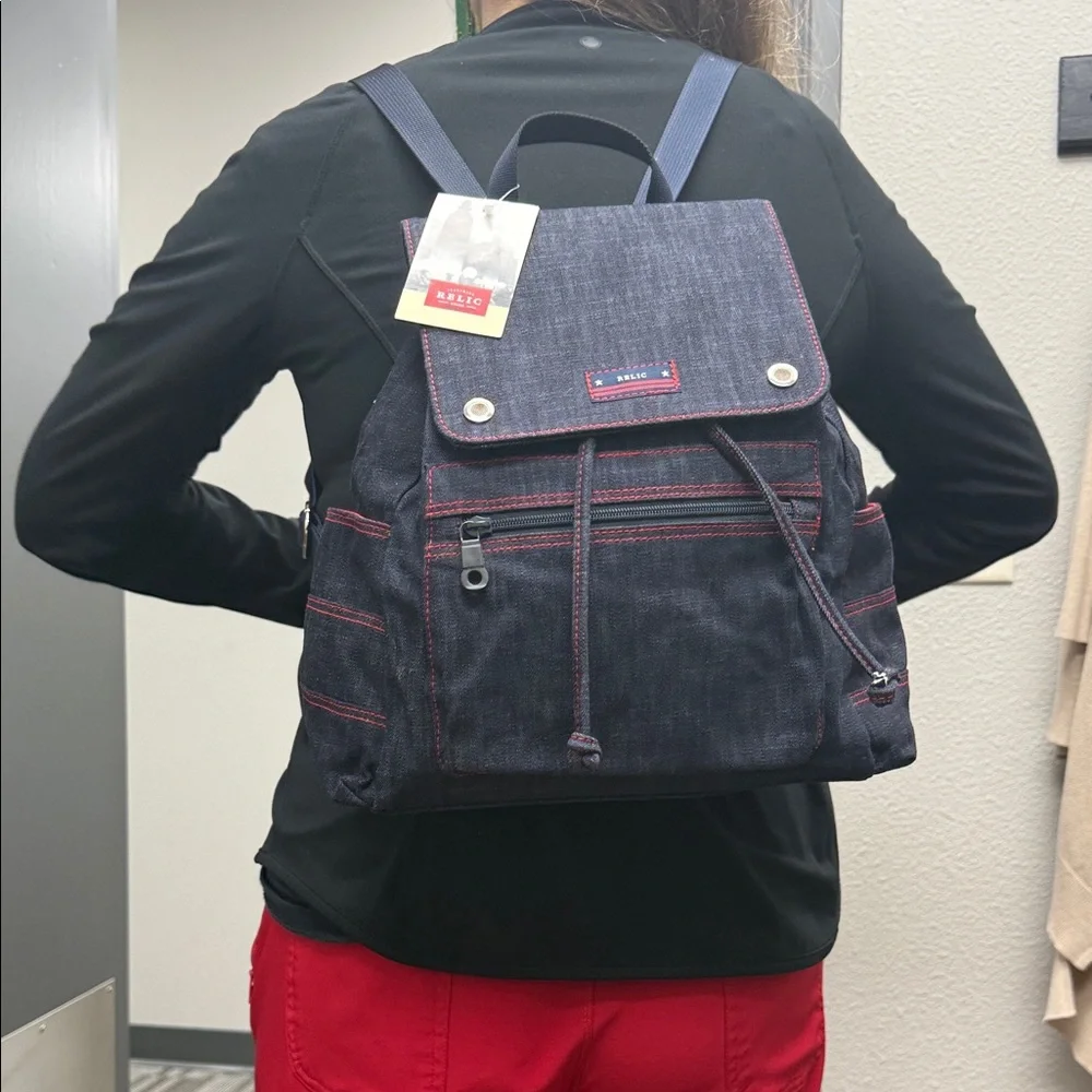 Vintage Relic Denim Backpack with Red Stitching and Matching Pouch