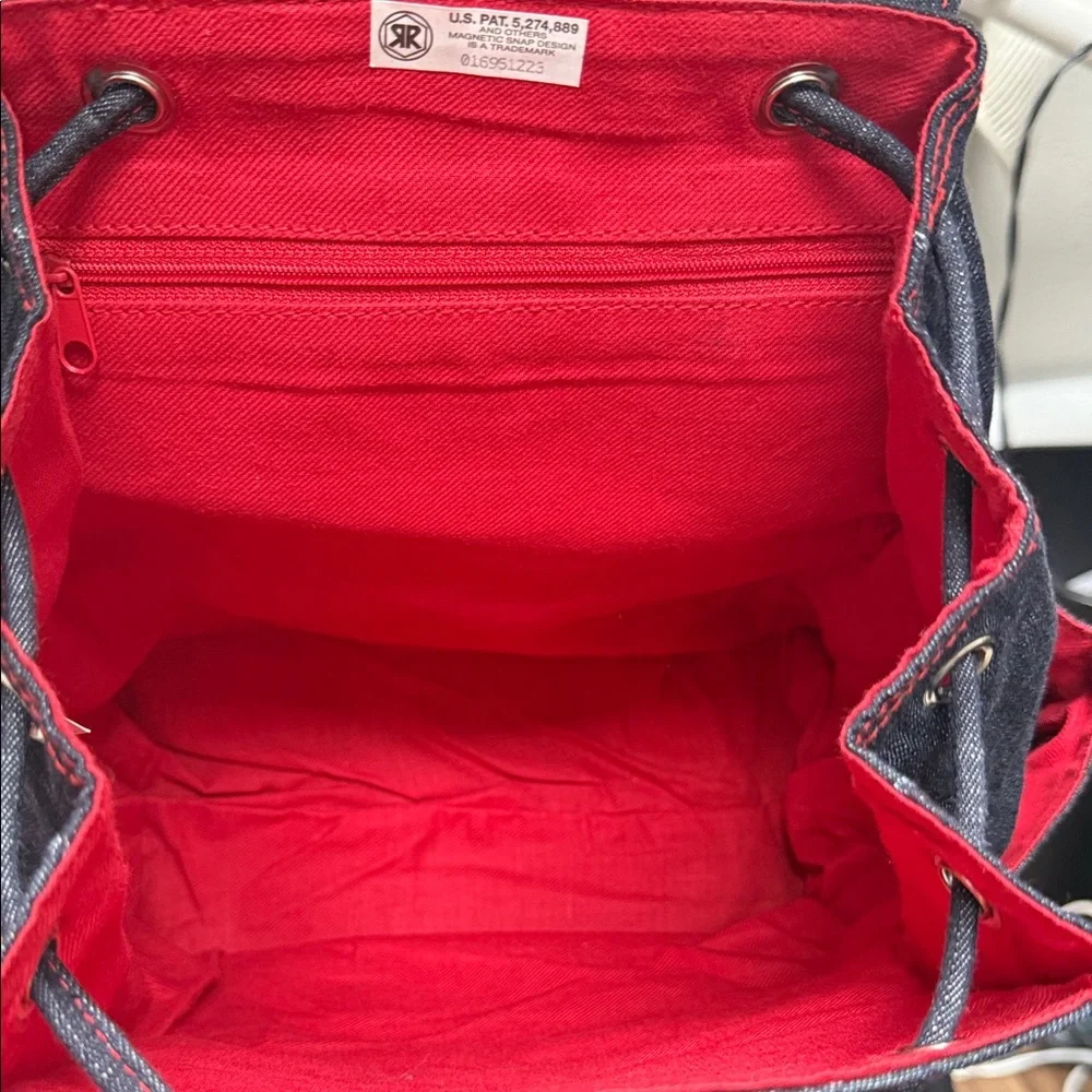Vintage Relic Denim Backpack with Red Stitching and Matching Pouch