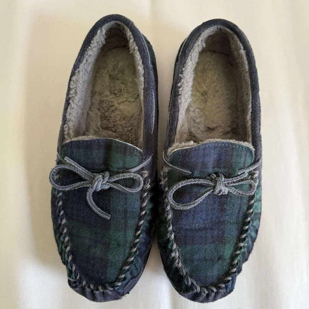 L.L. Bean Wicked Good Plaid Flannel Moccasin Slippers‎ Mens Size 9M Green Blue