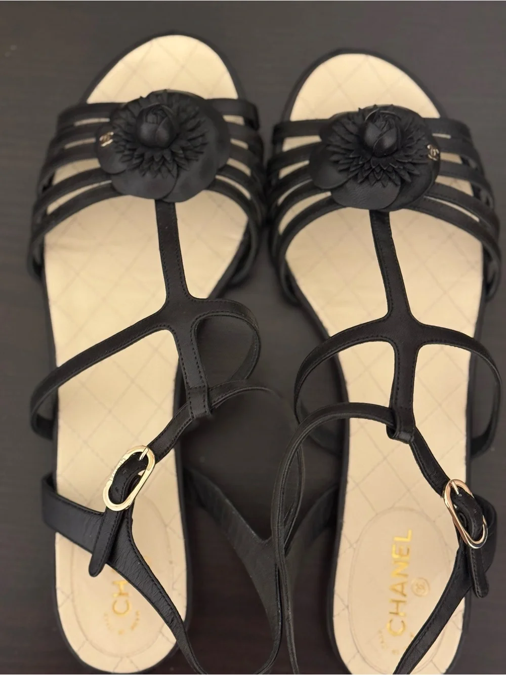 CHANEL Camellia T-Strap Sandals 39